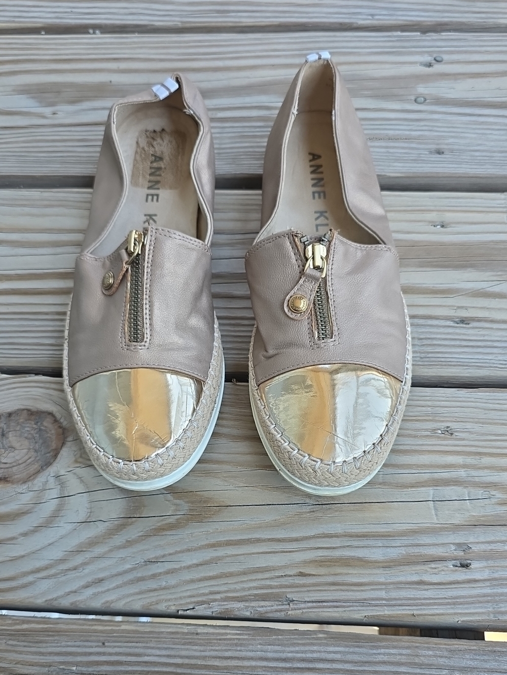 Anne Klein Beige Slip-On Espadrille with Gold Toe Cap